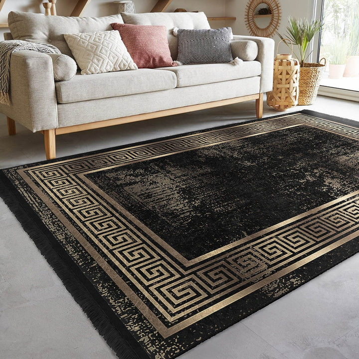 Bordered Area Rug|Greek Key Carpet|Bohemian Decor|Machine-Washable Fringed Non-Slip Mat|Multi-Purpose Anti-Slip Abstract Geometric Carpet