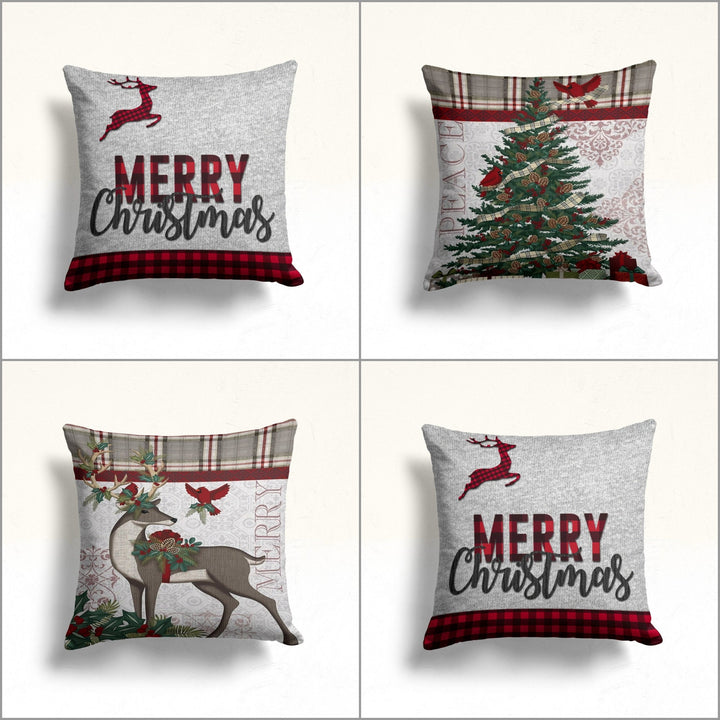 Christmas Pillow Cover|Plaid Xmas Cushion|Merry Xmas Pillowtop|Deer Pillowcase|Pine Tree Decor|Winter Throw Pillow|Winter Cushion Cover