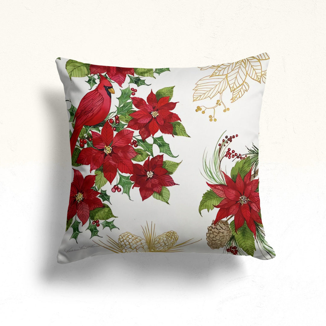 Christmas Flower Pillow|Xmas Red Poinsettia Cushion Case|Cardinal Bird Outdoor Pillow|Bird Nest Pillowtop|Housewarming Christmas Home Decor