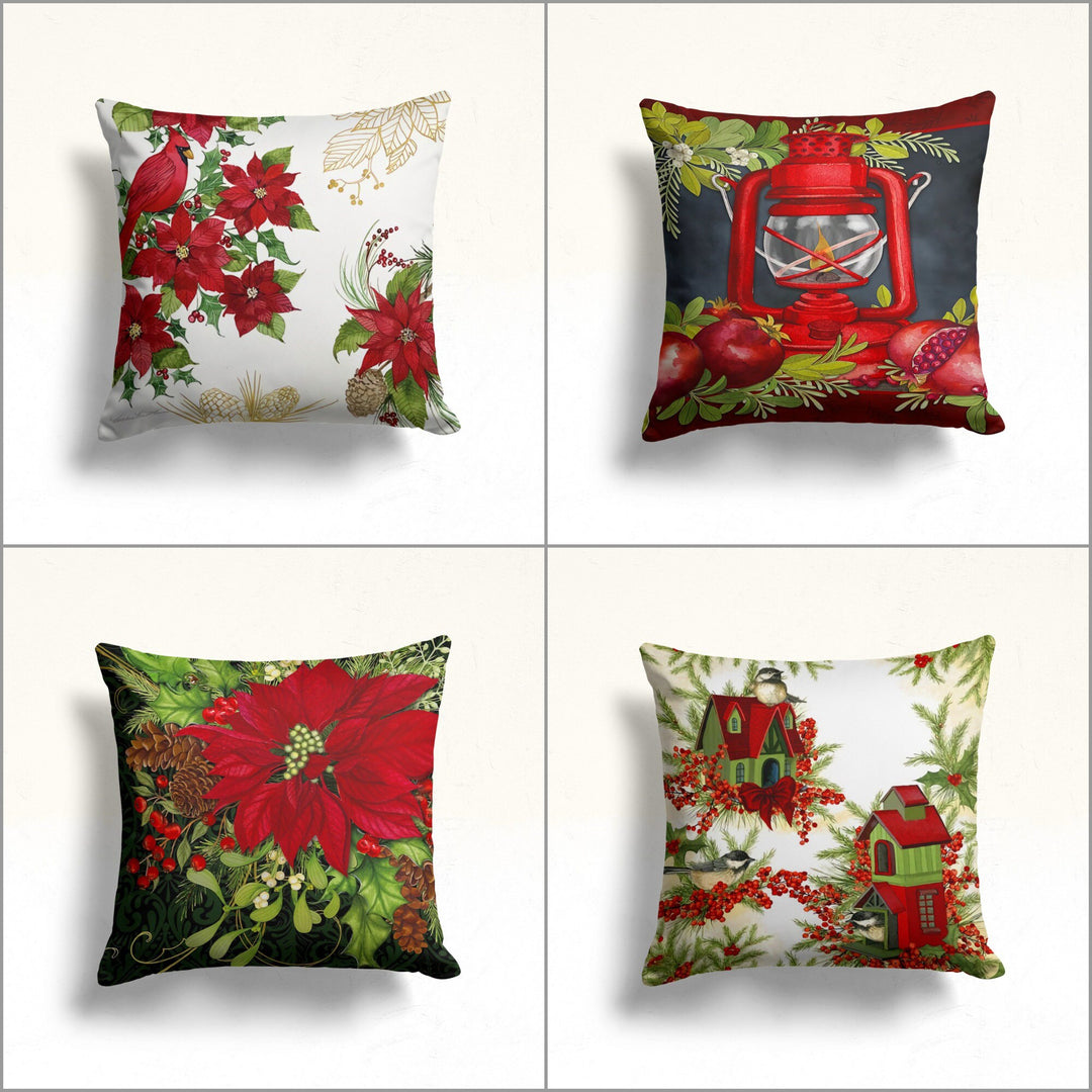 Christmas Flower Pillow|Xmas Red Poinsettia Cushion Case|Cardinal Bird Outdoor Pillow|Bird Nest Pillowtop|Housewarming Christmas Home Decor