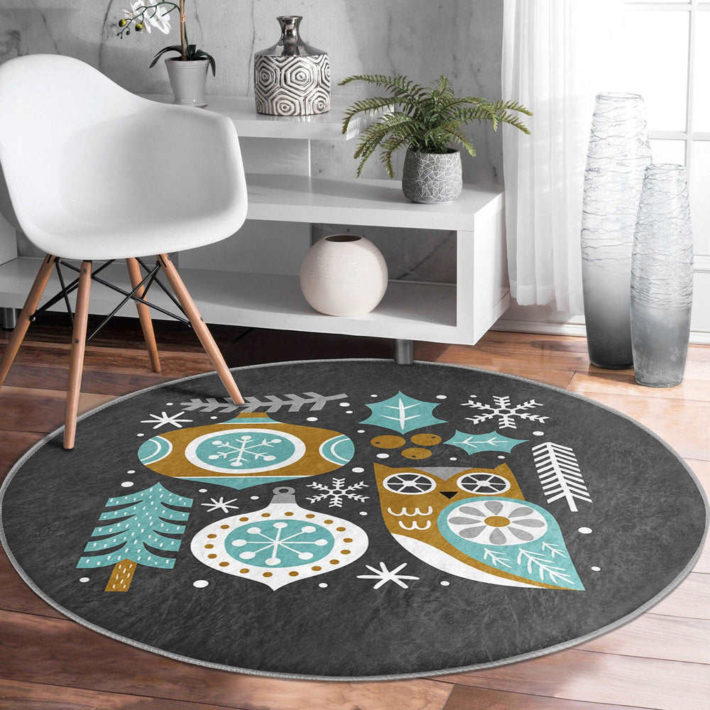 Winter Round Rug|Non-Slip Nordic Carpet|Owl Circle Carpet|Deer Xmas Rug|Fox Home Decor|Squirrel Print Rug|Animal Print Multi-Purpose Mat