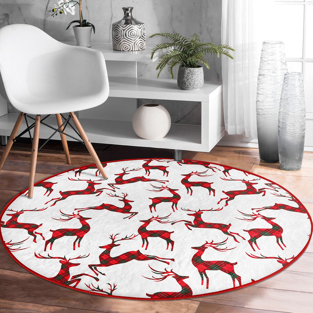 Christmas Round Rug|Winter Non-Slip Rug|Deer Circle Carpet|Snowflake Merry Xmas Rug|Pine Tree Home Decor|Plaid Deer Carpet|Multi-Purpose Mat