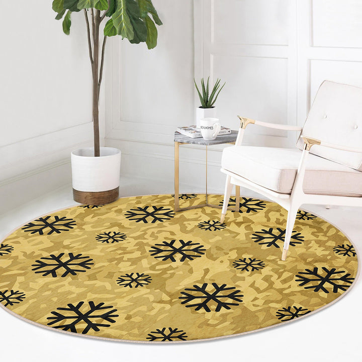 Christmas Round Rug|Winter Non-Slip Rug|Snowflake Carpet|Merry Xmas Rug|Gold White Decor|Geometric Carpet|Multi-Purpose Mat|Anti Slip Carpet