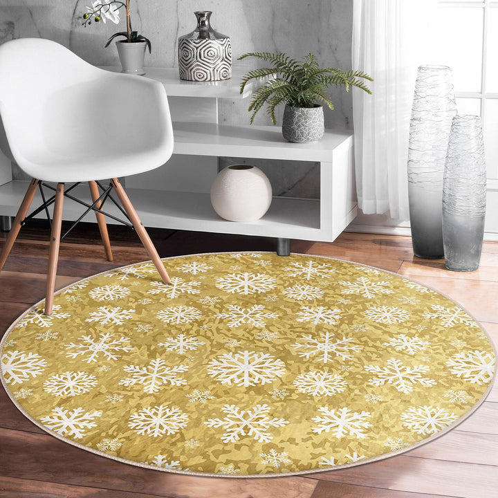 Christmas Round Rug|Winter Non-Slip Rug|Snowflake Carpet|Merry Xmas Rug|Gold White Decor|Geometric Carpet|Multi-Purpose Mat|Anti Slip Carpet