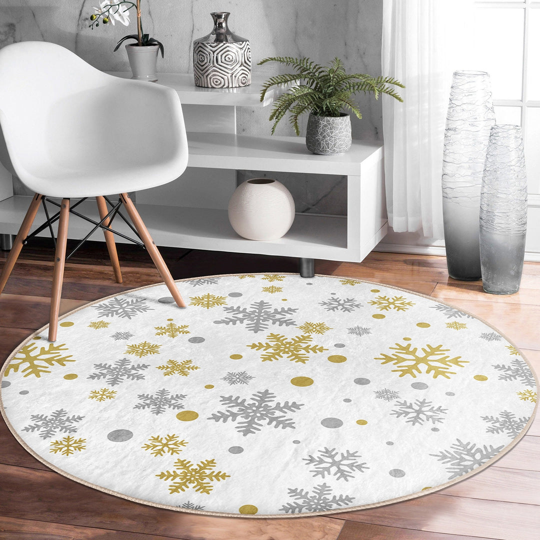 Christmas Round Rug|Winter Non-Slip Rug|Snowflake Carpet|Merry Xmas Rug|Gold White Decor|Geometric Carpet|Multi-Purpose Mat|Anti Slip Carpet