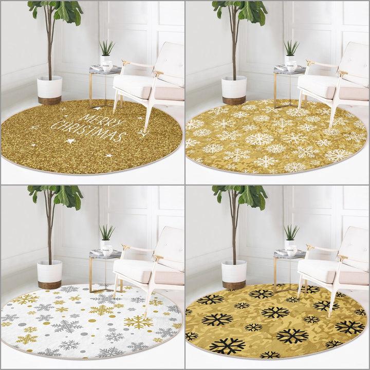 Christmas Round Rug|Winter Non-Slip Rug|Snowflake Carpet|Merry Xmas Rug|Gold White Decor|Geometric Carpet|Multi-Purpose Mat|Anti Slip Carpet