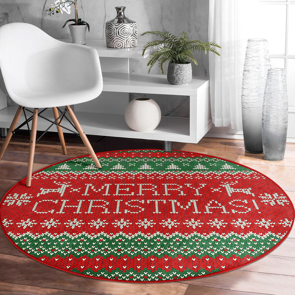 Christmas Round Rug|Winter Non-Slip Rug|Pixel Art Circle Carpet|Merry Xmas Round Rug|Pine Tree Xmas Deer|Snowflake Carpet|Multi-Purpose Mat