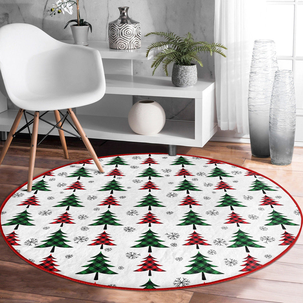 Winter Round Rug|Circle Non-Slip Rug|Pine Tree Circle Carpet|Checkered Xmas Rug|Pine Tree Home Decor|Snowflake Carpet|Multi-Purpose Mat