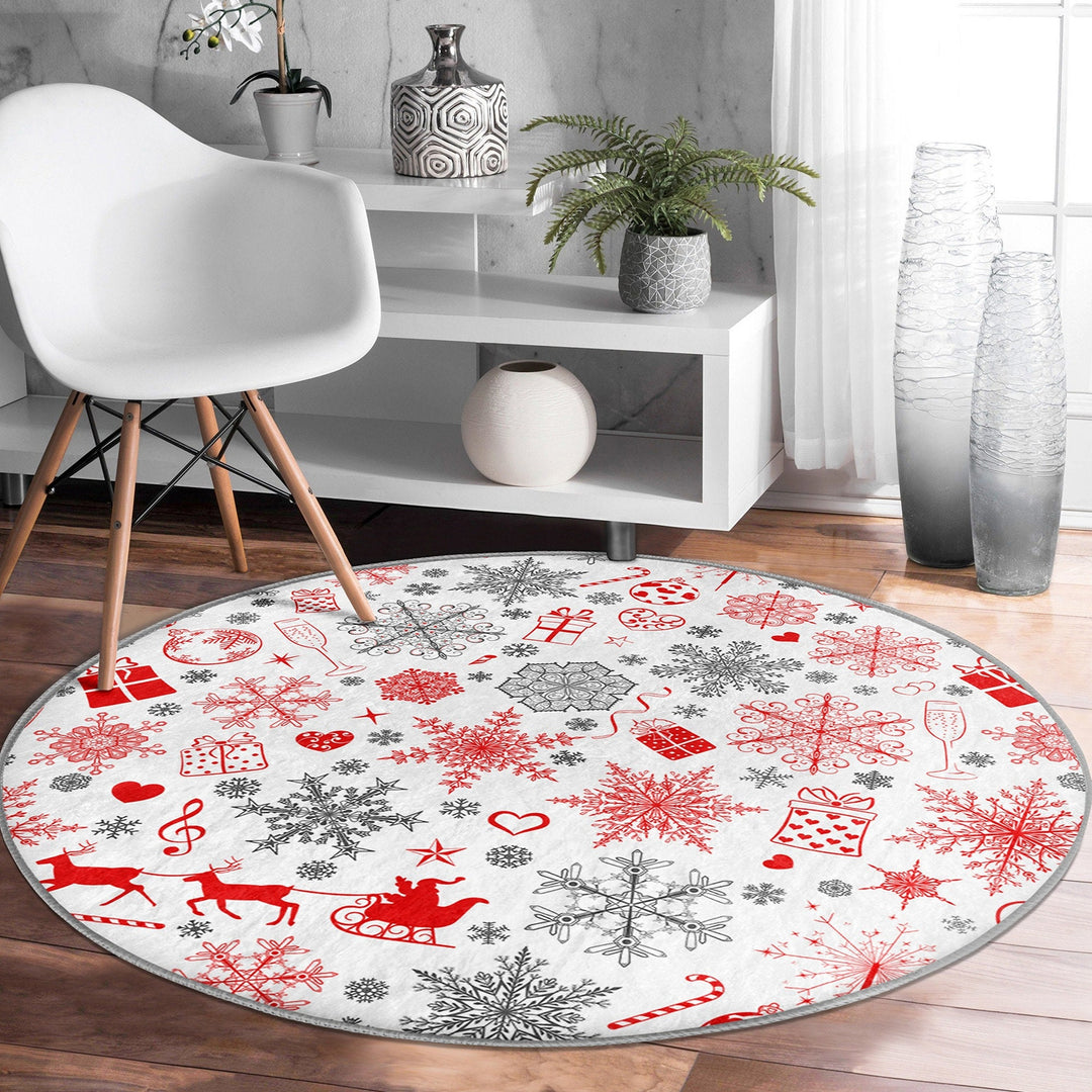 Winter Round Rug|Snowflake Non-Slip Rug|Snowflake Carpet|Christmas Circle Rug|Geometric Home Decor|Xmas Floor Carpet|Multi-Purpose Mat