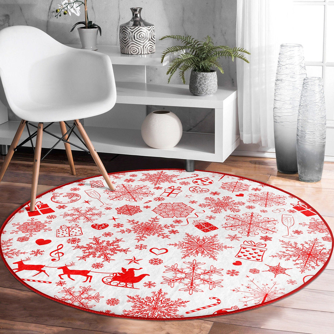 Winter Round Rug|Snowflake Non-Slip Rug|Snowflake Carpet|Christmas Circle Rug|Geometric Home Decor|Xmas Floor Carpet|Multi-Purpose Mat