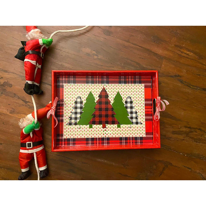 Xmas Serving Tray|Winter Trend Tray|Hand Painted Wooden Tray|Checkered Pine Tree Decor|Xmas Table Decor|Farmhouse Style Gift for Her/Mom