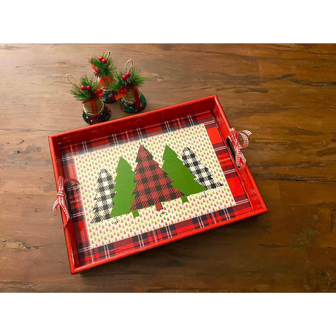 Xmas Serving Tray|Winter Trend Tray|Hand Painted Wooden Tray|Checkered Pine Tree Decor|Xmas Table Decor|Farmhouse Style Gift for Her/Mom