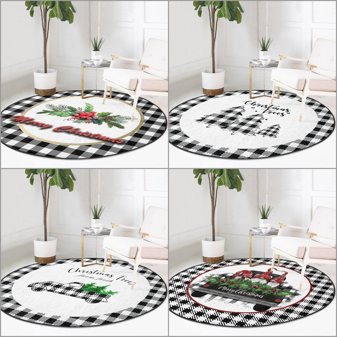 Christmas Round Rug|Checkered Merry Xmas Rug|Xmas Trees Carpet|Winter Non-Slip Rug|Gnome Circle Carpet|Black White Decor|Red Berries Mat