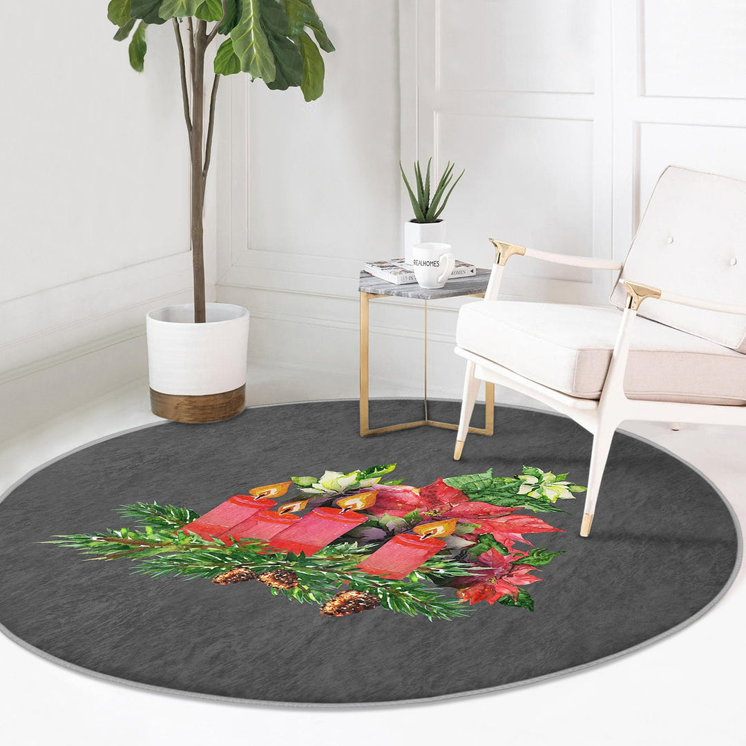 Christmas Round Rug|Candle Circle Carpet|Winter Non-Slip Rug|Pine Cone Xmas Rug|Pine Tree Needles|Floral Xmas Carpet|Multi-Purpose Mat