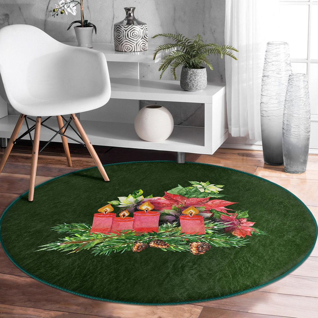 Christmas Round Rug|Candle Circle Carpet|Winter Non-Slip Rug|Pine Cone Xmas Rug|Pine Tree Needles|Floral Xmas Carpet|Multi-Purpose Mat