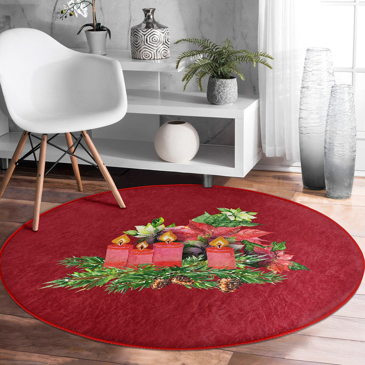 Christmas Round Rug|Candle Circle Carpet|Winter Non-Slip Rug|Pine Cone Xmas Rug|Pine Tree Needles|Floral Xmas Carpet|Multi-Purpose Mat