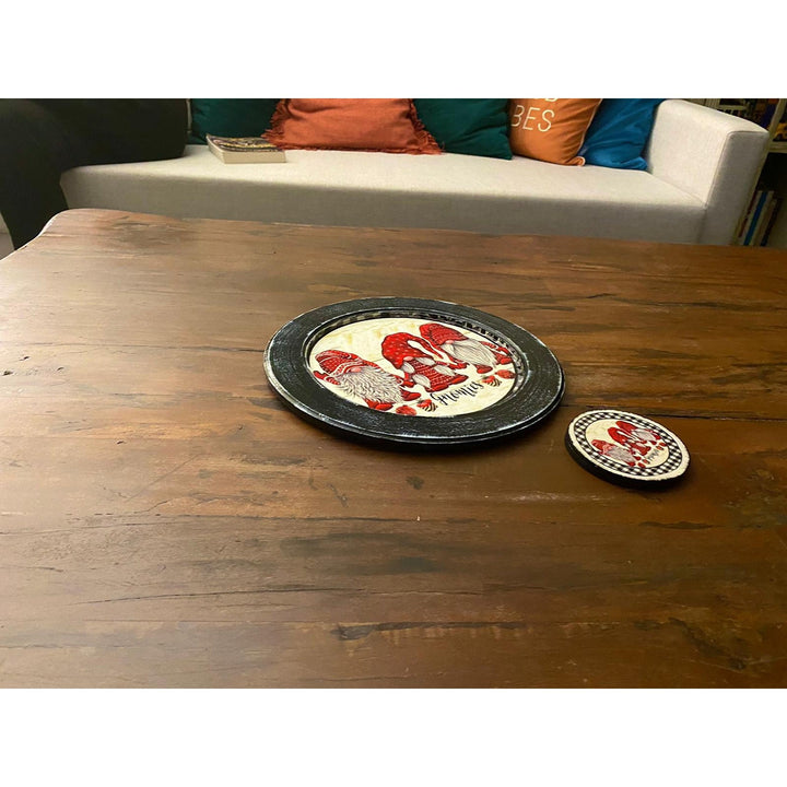 Gnomies Wooden Tray, Coaster Set|Hand Painted Tray|Winter Table Decor|Dwarf Santa Acrylic Paint Plate|Round Serving Tray|Xmas Gift for Her