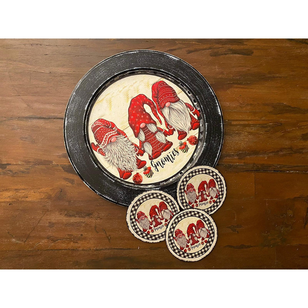 Gnomies Wooden Tray, Coaster Set|Hand Painted Tray|Winter Table Decor|Dwarf Santa Acrylic Paint Plate|Round Serving Tray|Xmas Gift for Her