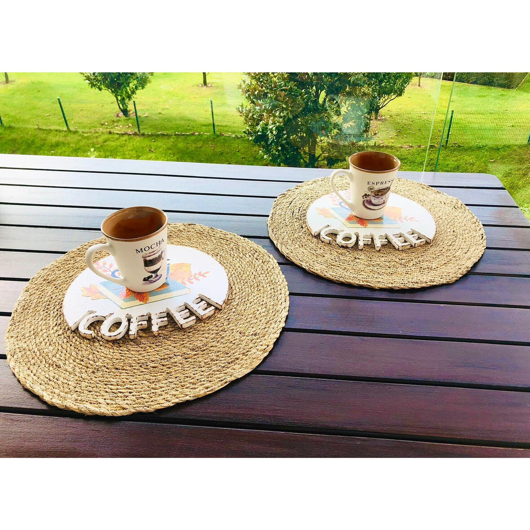 Wooden Coffee Serving Tray Set of 2|Fall Trend Coaster|Coffee Service Board|Coffee Time Tea Plate|Dry Leaves Print Housewarming Gift Idea