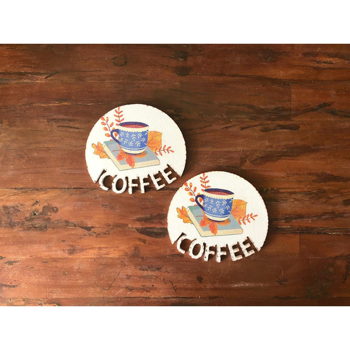 Wooden Coffee Serving Tray Set of 2|Fall Trend Coaster|Coffee Service Board|Coffee Time Tea Plate|Dry Leaves Print Housewarming Gift Idea