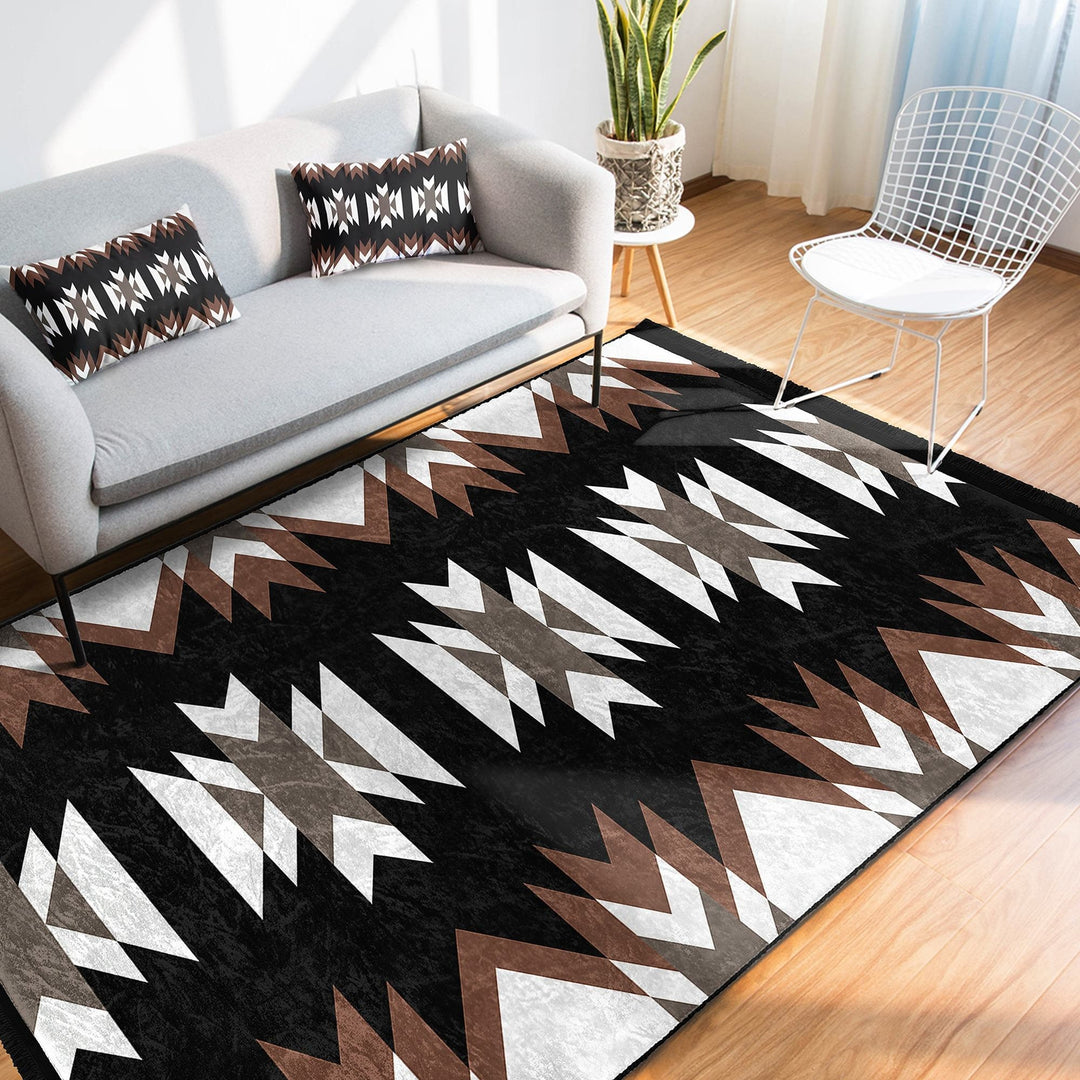 Rug Design Carpet|Southwestern Rug|Rustic Pattern Machine-Washable Non-Slip Mat|Aztec Print Fringed Floor Carpet|Ethnic Geometric Decor