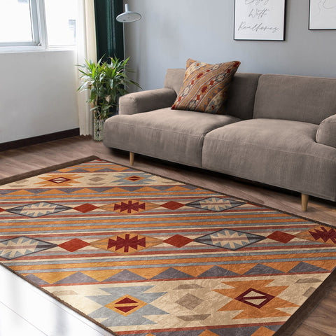 Rug Design Carpet|Farmhouse Terracotta Rug|Ethnic Geometric Machine-Washable Non-Slip Mat|Southwestern Aztec Fringed Anti-Slip Floor Mat