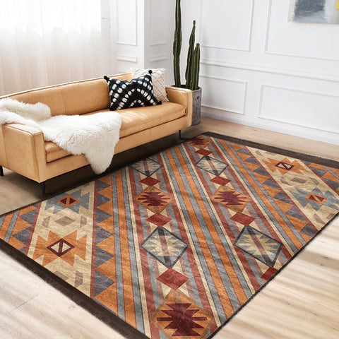 Rug Design Carpet|Farmhouse Terracotta Rug|Ethnic Geometric Machine-Washable Non-Slip Mat|Southwestern Aztec Fringed Anti-Slip Floor Mat