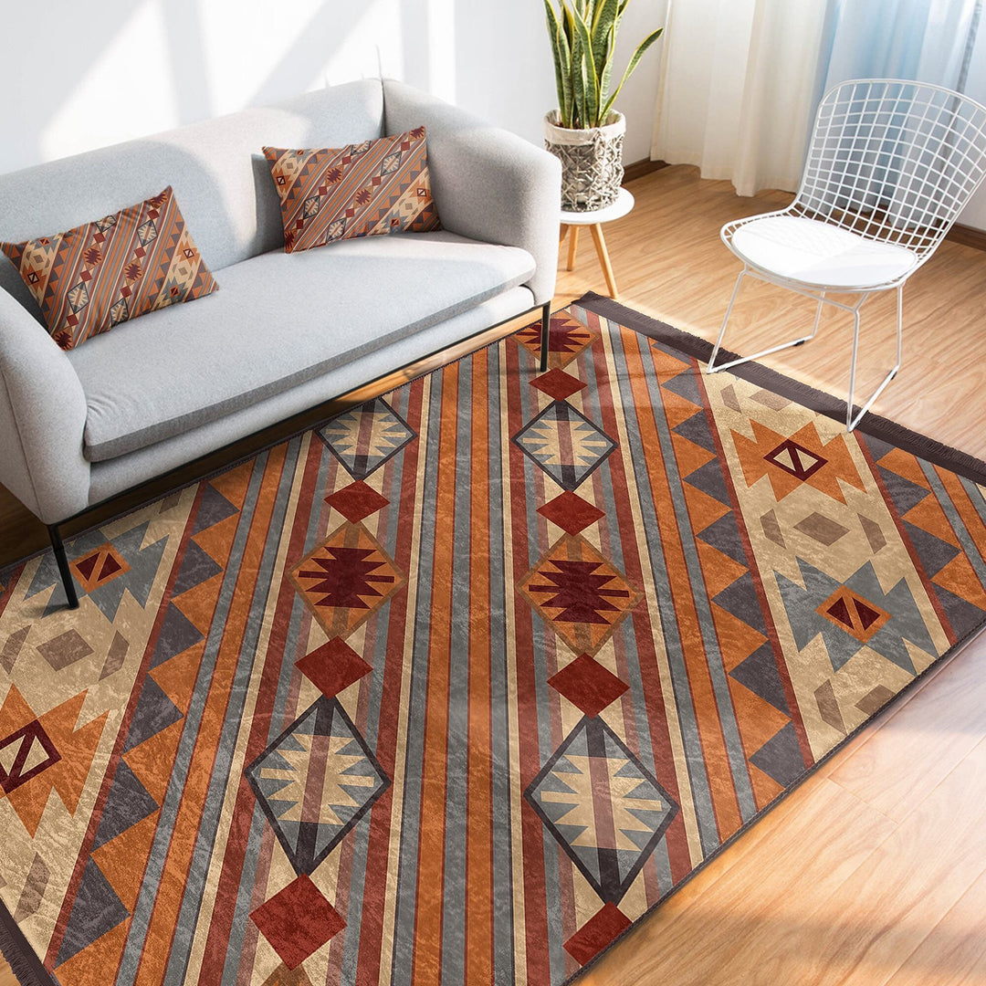 Rug Design Carpet|Farmhouse Terracotta Rug|Ethnic Geometric Machine-Washable Non-Slip Mat|Southwestern Aztec Fringed Anti-Slip Floor Mat