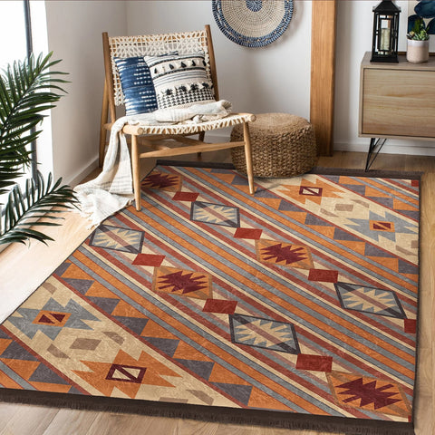 Rug Design Carpet|Farmhouse Terracotta Rug|Ethnic Geometric Machine-Washable Non-Slip Mat|Southwestern Aztec Fringed Anti-Slip Floor Mat