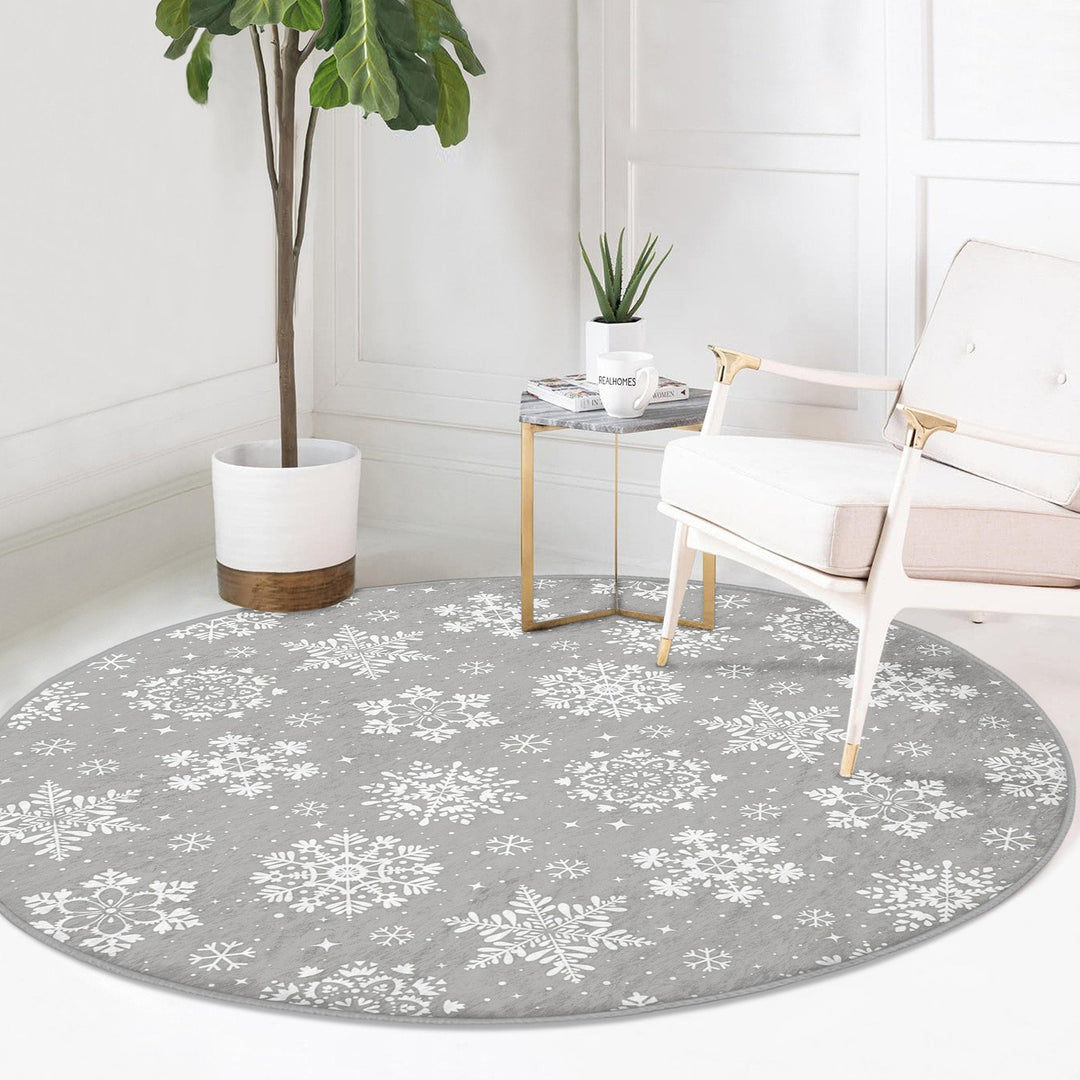 Winter Non-Slip Rug|Deer Circle Carpet|Snowflake Area Rug|Christmas Round Rug|Geometric Home Decor|White Deer Carpet|Multi-Purpose Mat