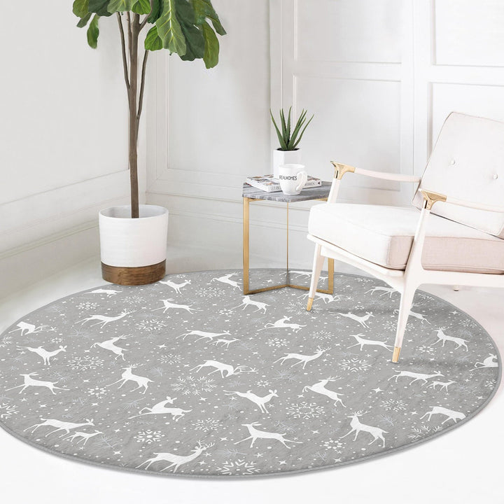 Winter Non-Slip Rug|Deer Circle Carpet|Snowflake Area Rug|Christmas Round Rug|Geometric Home Decor|White Deer Carpet|Multi-Purpose Mat