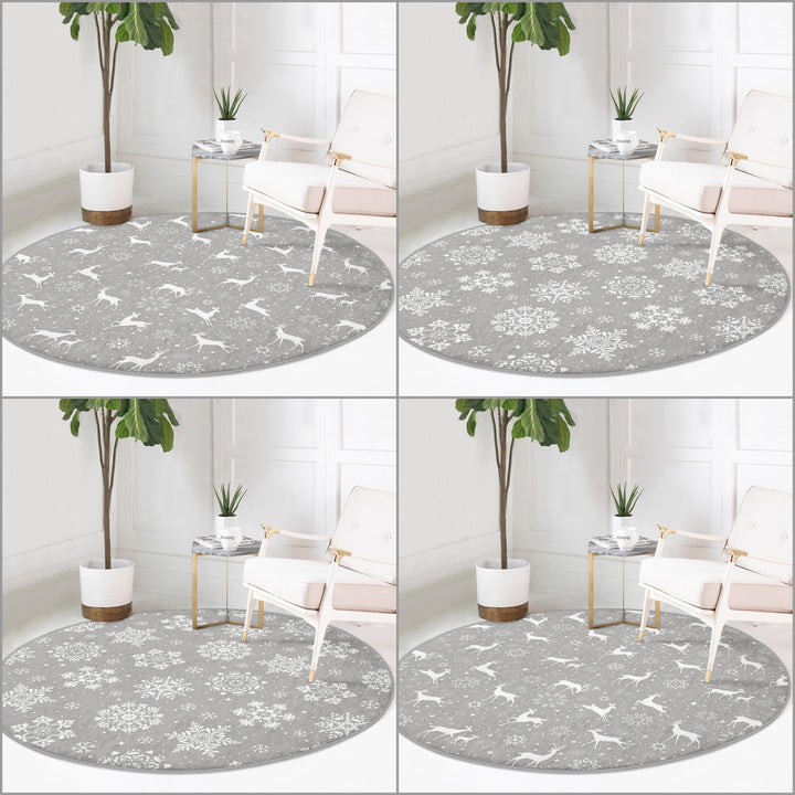 Winter Non-Slip Rug|Deer Circle Carpet|Snowflake Area Rug|Christmas Round Rug|Geometric Home Decor|White Deer Carpet|Multi-Purpose Mat