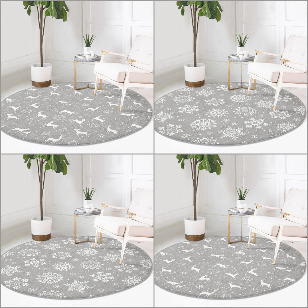 Winter Non-Slip Rug|Deer Circle Carpet|Snowflake Area Rug|Christmas Round Rug|Geometric Home Decor|White Deer Carpet|Multi-Purpose Mat