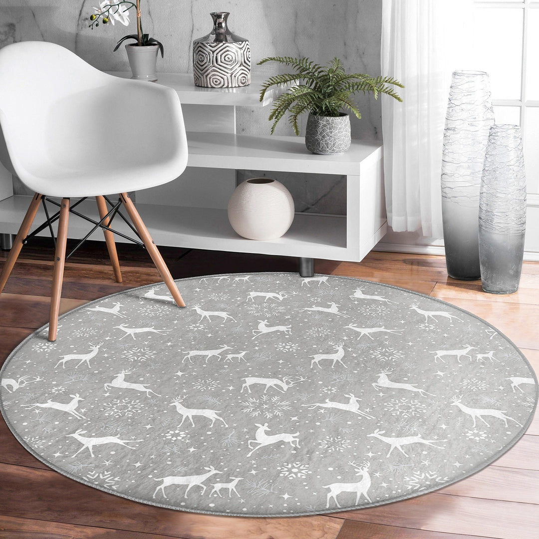 Winter Non-Slip Rug|Deer Circle Carpet|Snowflake Area Rug|Christmas Round Rug|Geometric Home Decor|White Deer Carpet|Multi-Purpose Mat