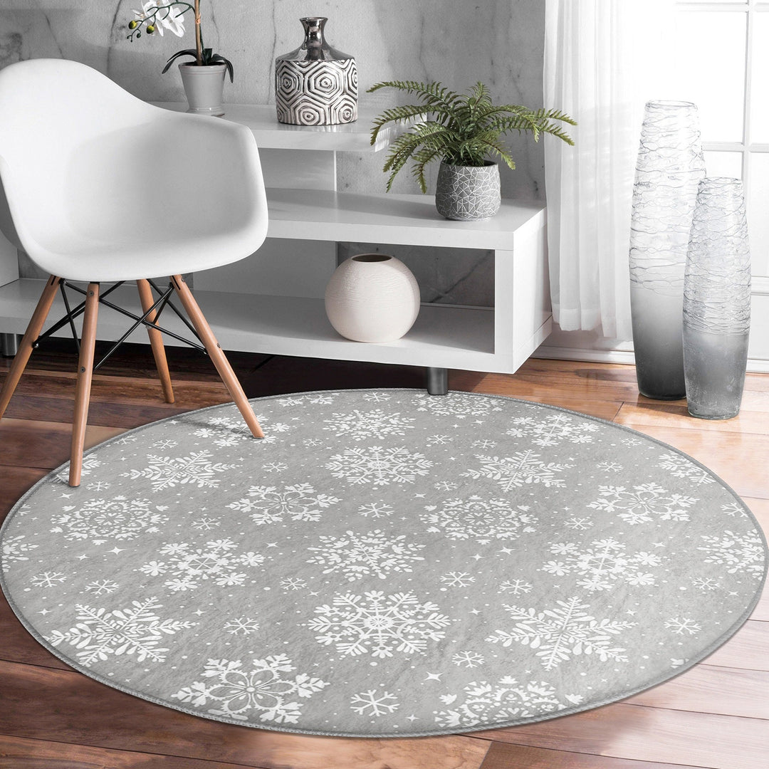 Winter Non-Slip Rug|Deer Circle Carpet|Snowflake Area Rug|Christmas Round Rug|Geometric Home Decor|White Deer Carpet|Multi-Purpose Mat