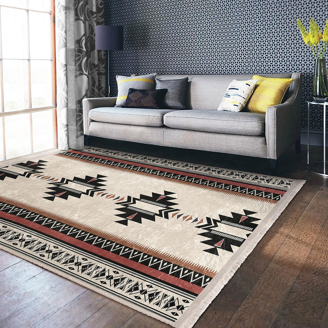 Rug Design Carpet|Ethnic Geometric Rug|Southwestern Carpet|Aztec Print Fringed Farmhouse Floor Covering|Rustic Machine-Washable Non-Slip Mat