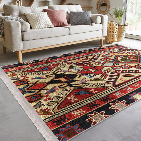 Rug Design Carpet|Ethnic Geometric Rug|Kilim Pattern Carpet|Aztec Print Fringed Floor Covering|Rustic Pattern Machine-Washable Non-Slip Mat