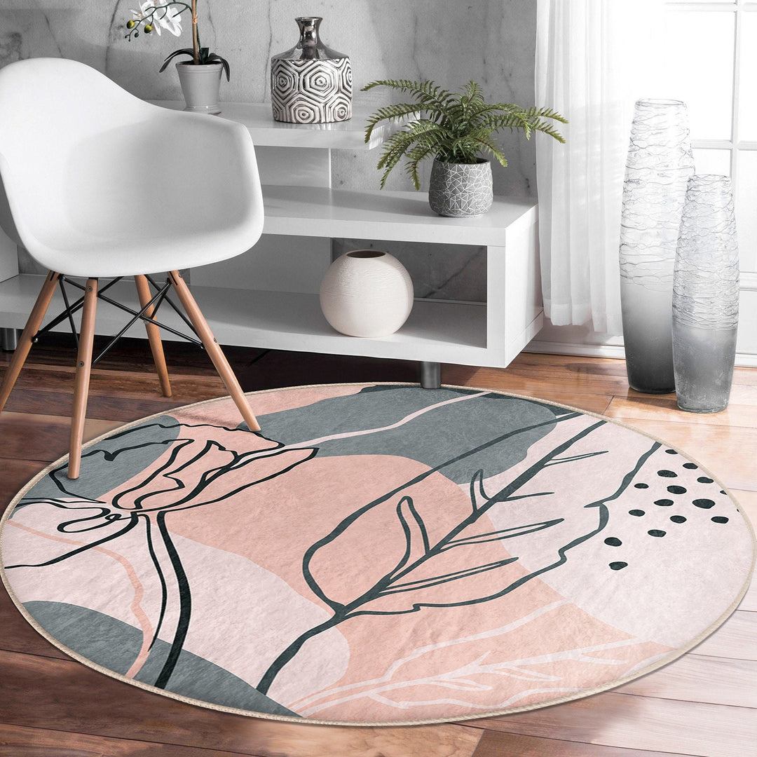 Abstract Round Rug|Non-Slip Round Carpet|Onedraw Circle Carpet|Abstract Floral Rug|Flower Home Decor|Farmhouse Style Multi-Purpose Carpet