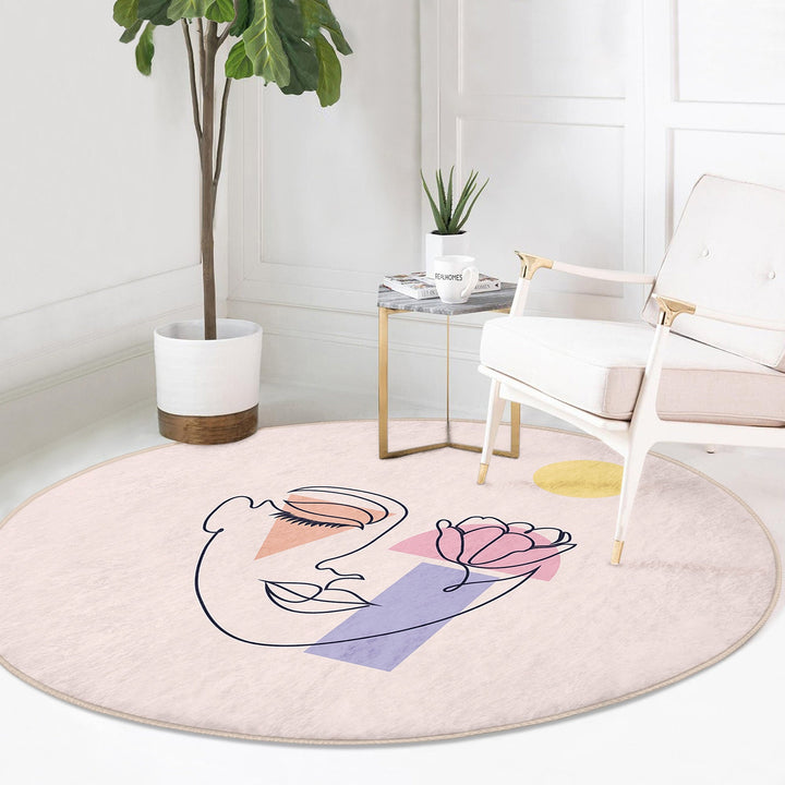 Onedraw Round Rug|Non-Slip Round Carpet|Onedraw Circle Rug|Abstract Area Rug|Abstract Floral Woman Face Decor|Decorative Multi-Purpose Mat