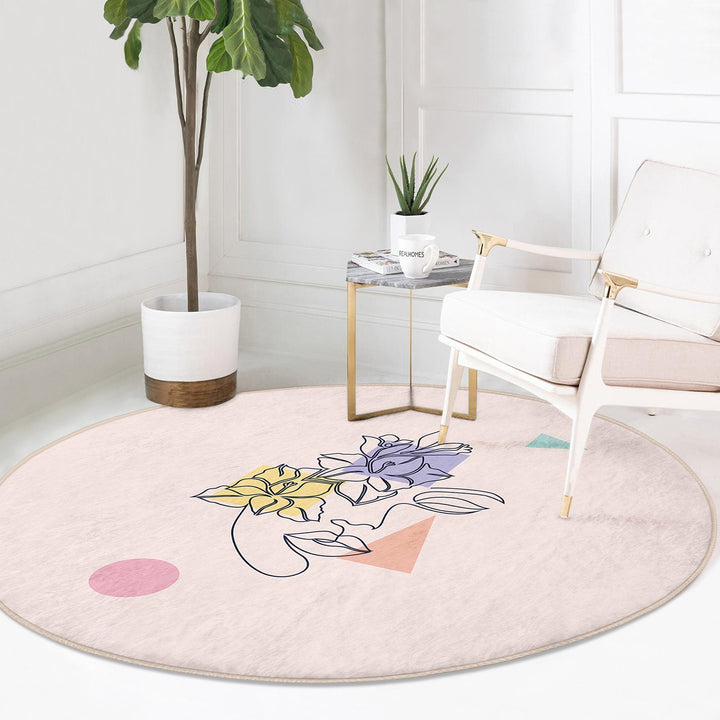 Onedraw Round Rug|Non-Slip Round Carpet|Onedraw Circle Rug|Abstract Area Rug|Abstract Floral Woman Face Decor|Decorative Multi-Purpose Mat