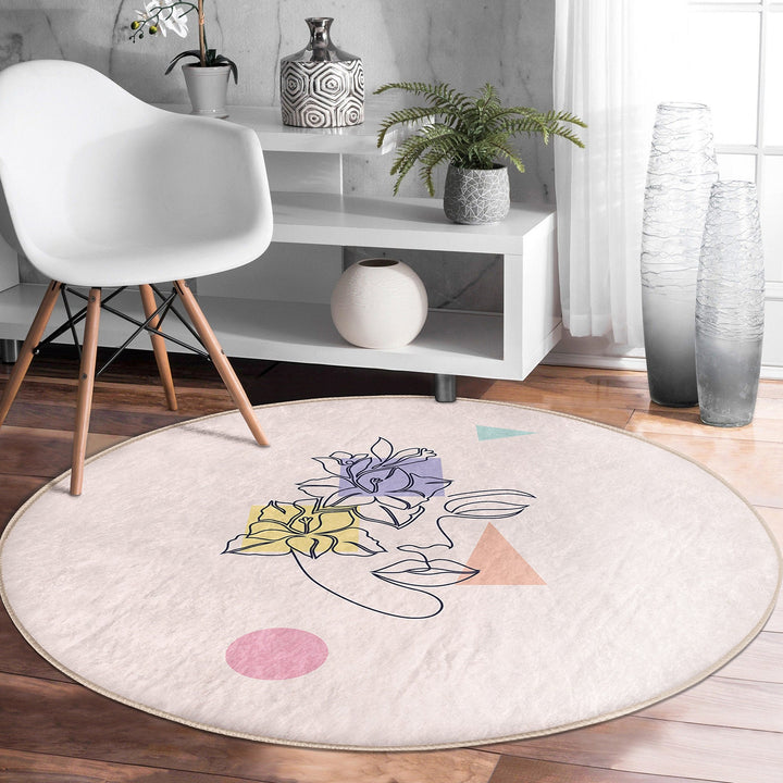 Onedraw Round Rug|Non-Slip Round Carpet|Onedraw Circle Rug|Abstract Area Rug|Abstract Floral Woman Face Decor|Decorative Multi-Purpose Mat