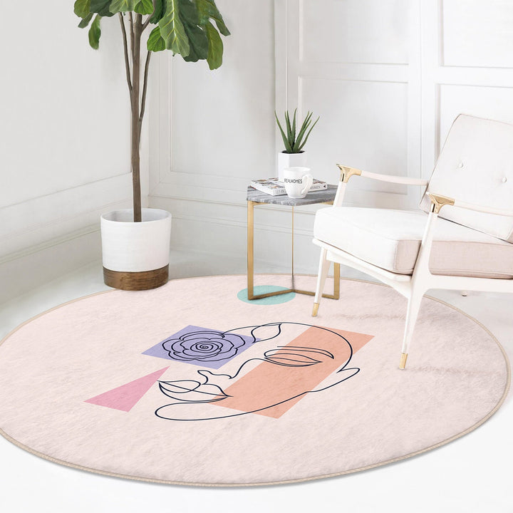 Onedraw Round Rug|Non-Slip Round Carpet|Onedraw Circle Rug|Abstract Area Rug|Abstract Floral Woman Face Decor|Decorative Multi-Purpose Mat