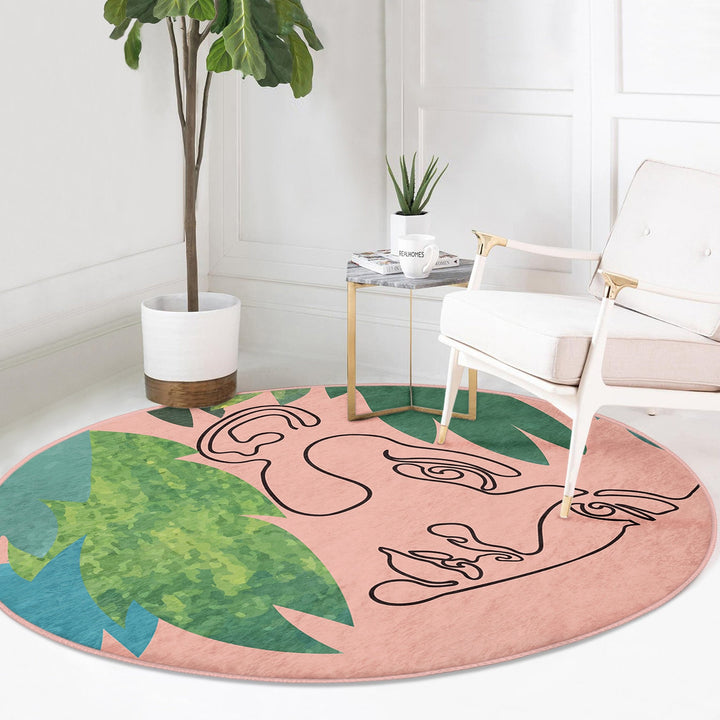 Onedraw Round Rug|Non-Slip Round Carpet|Onedraw Circle Rug|Abstract Area Rug|Abstract Woman And Leaf Home Decor|Decorative Multi-Purpose Mat