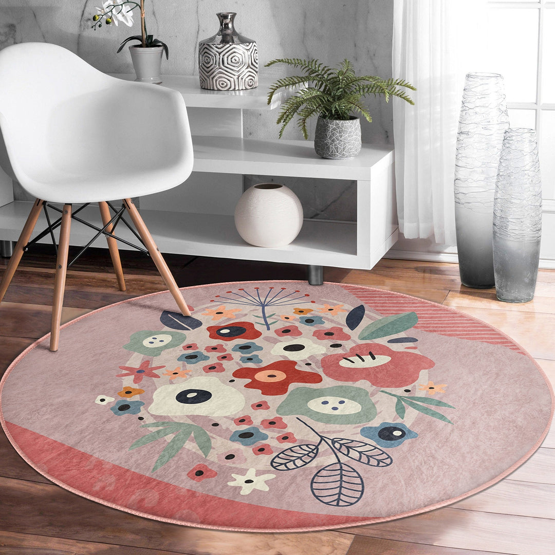 Abstract Round Rug|Non-Slip Round Carpet|Floral Circle Carpet|Abstract Area Rug|Onedraw Floral Home Decor|Decorative Multi-Purpose Mat