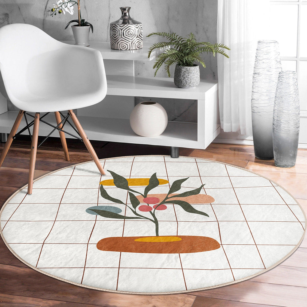 Abstract Round Rug|Non-Slip Round Carpet|One Eye Circle Rug|Hand Print Area Rug|Floral Home Decor|Decorative Farmhouse Multi-Purpose Mat