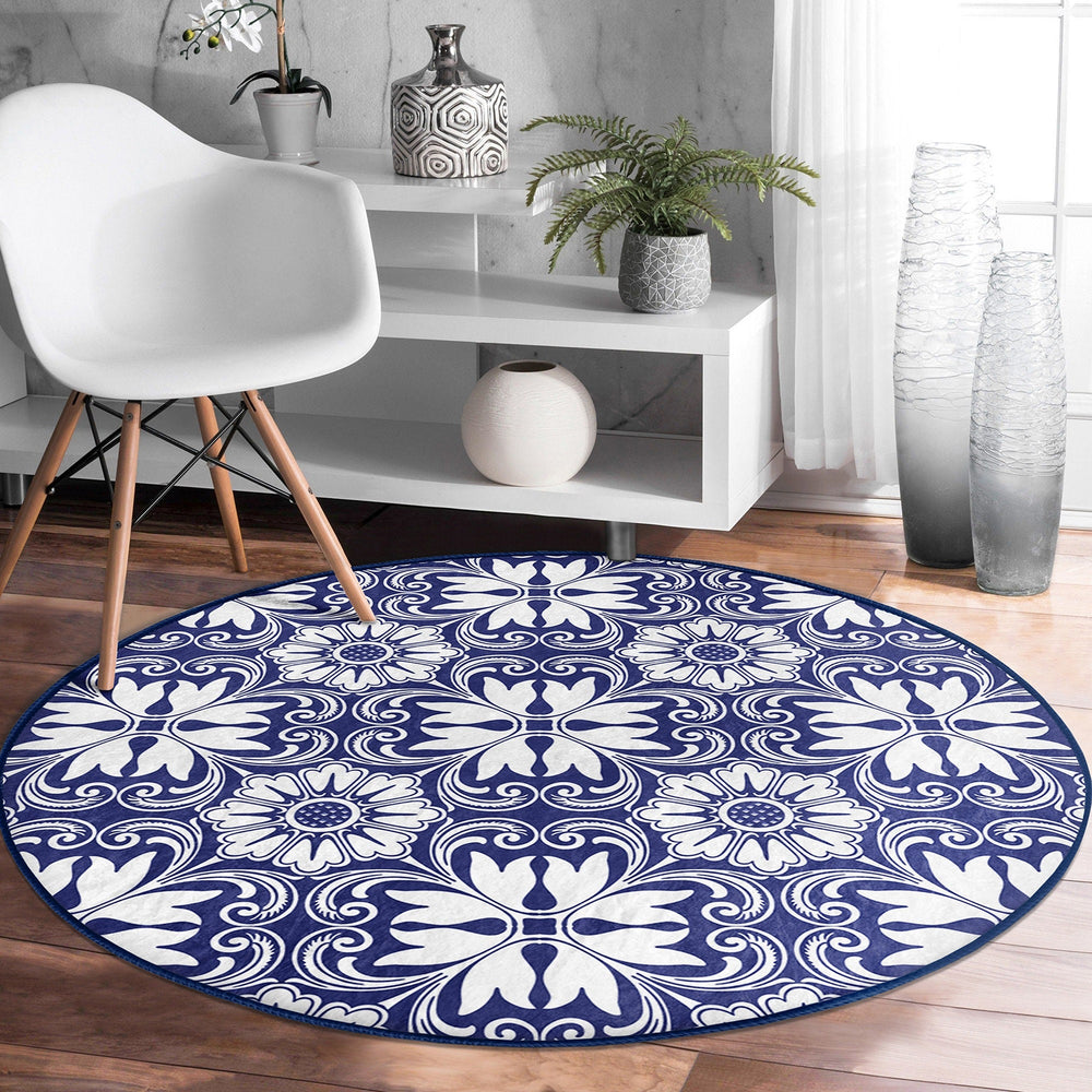 Geometric Round Rug|Non-Slip Round Carpet|Abstract Area Carpet|Abstract Boho Rug|Blue White Decor|Decorative Modern Multi-Purpose Mat