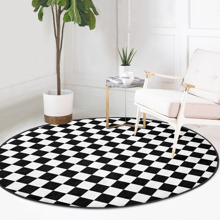 Geometric Round Rug|Non-Slip Round Carpet|Abstract Area Carpet|Abstract Boho Rug|Black White Decor|Decorative Modern Multi-Purpose Mat