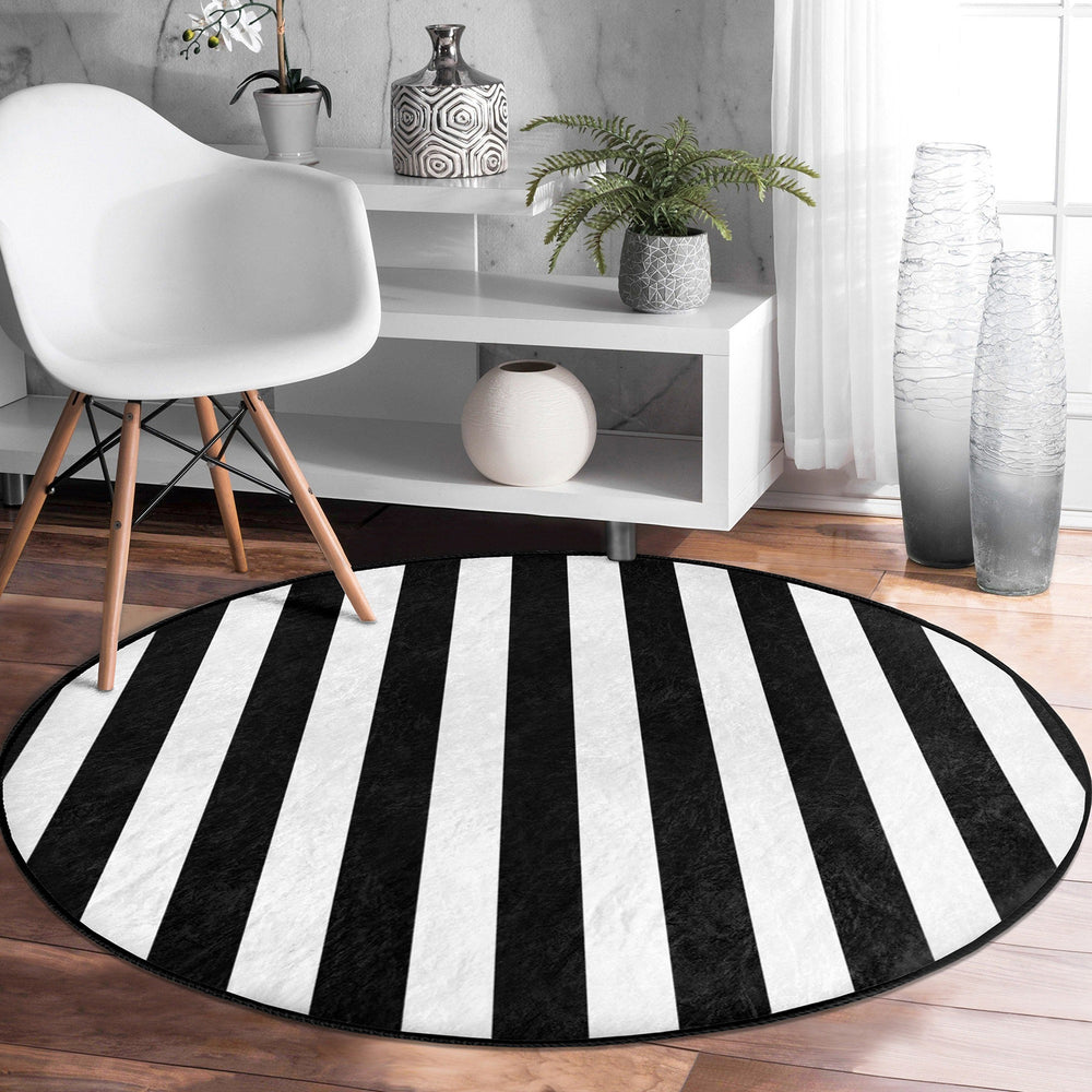 Geometric Round Rug|Non-Slip Round Carpet|Abstract Area Carpet|Abstract Boho Rug|Black White Decor|Decorative Modern Multi-Purpose Mat