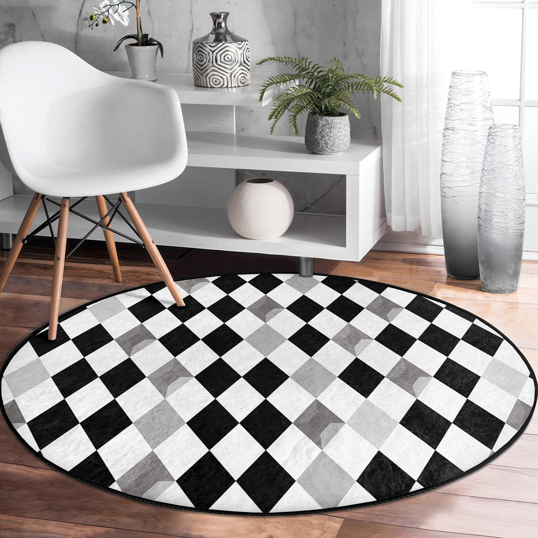 Geometric Round Rug|Non-Slip Round Carpet|Abstract Area Carpet|Abstract Boho Rug|Black White Decor|Decorative Modern Multi-Purpose Mat