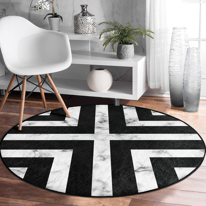 Geometric Round Rug|Non-Slip Round Carpet|Abstract Area Carpet|Abstract Boho Rug|Black White Decor|Decorative Modern Multi-Purpose Mat